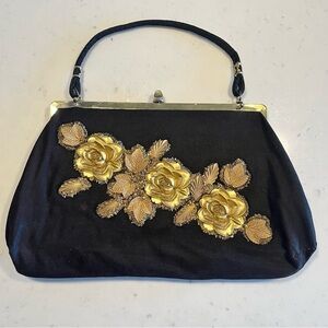 Black and Gold Appliqué Vintage Purse